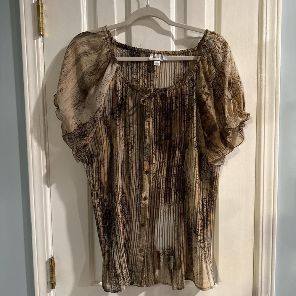 Dress Barn Sheer Brown Tan Printed Peasant Blouse